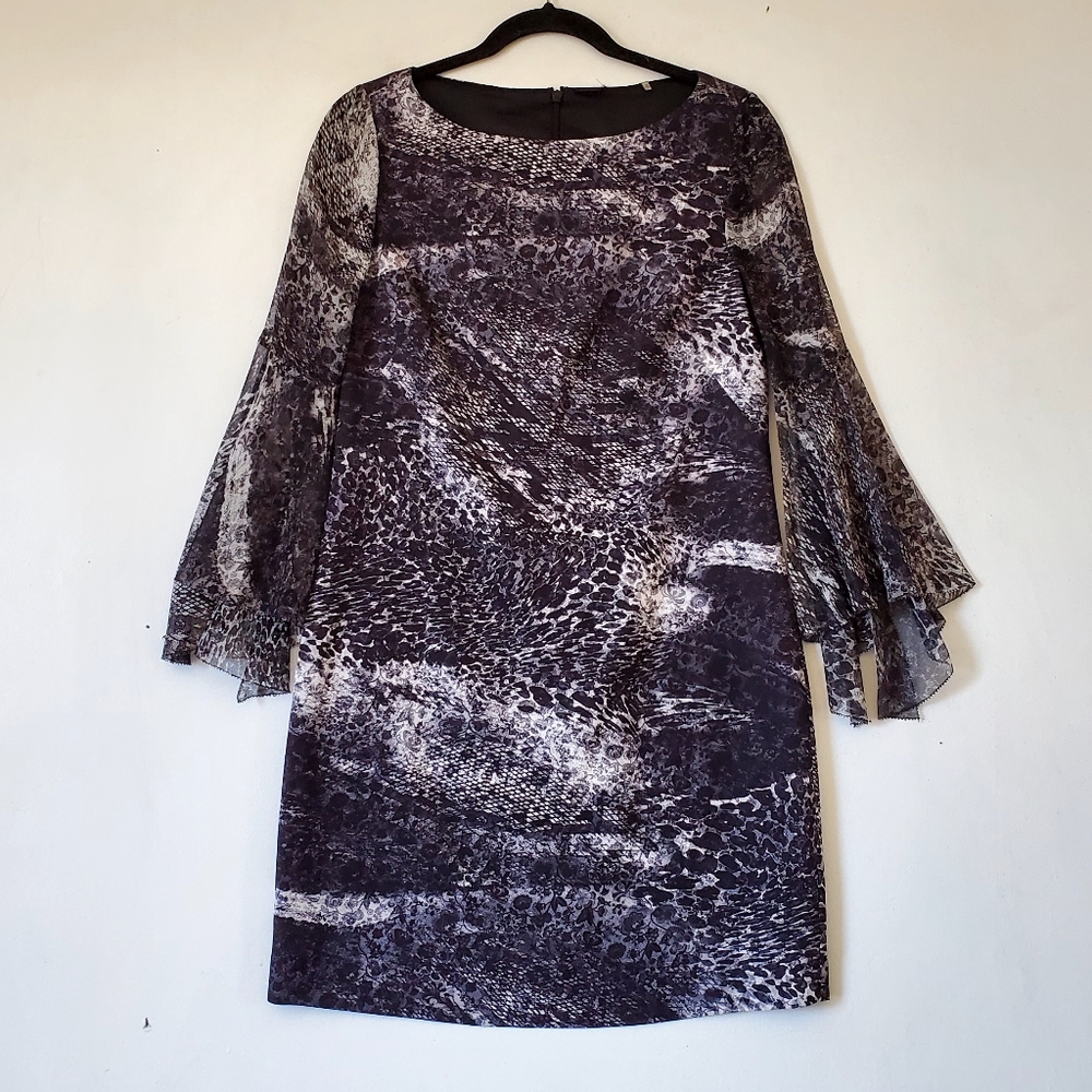 Elie Tahari Black White Snakeskin Look Lined Dress Flutter Sleeves Size 2 Women